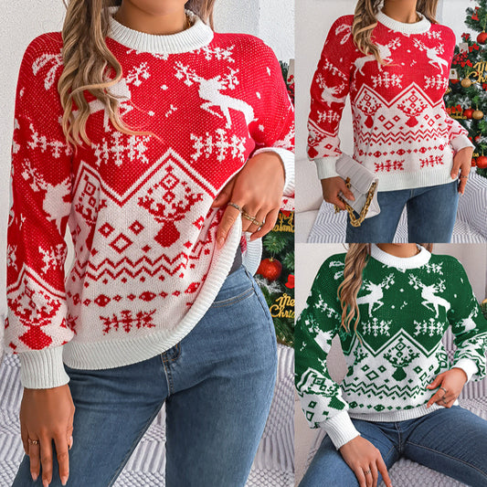 Premium quality New Year Autumn Winter Casual Deer Pattern Long Sleeve Hoodie Sweater Christmas For Women Red Green Knitted Pullover Jumper